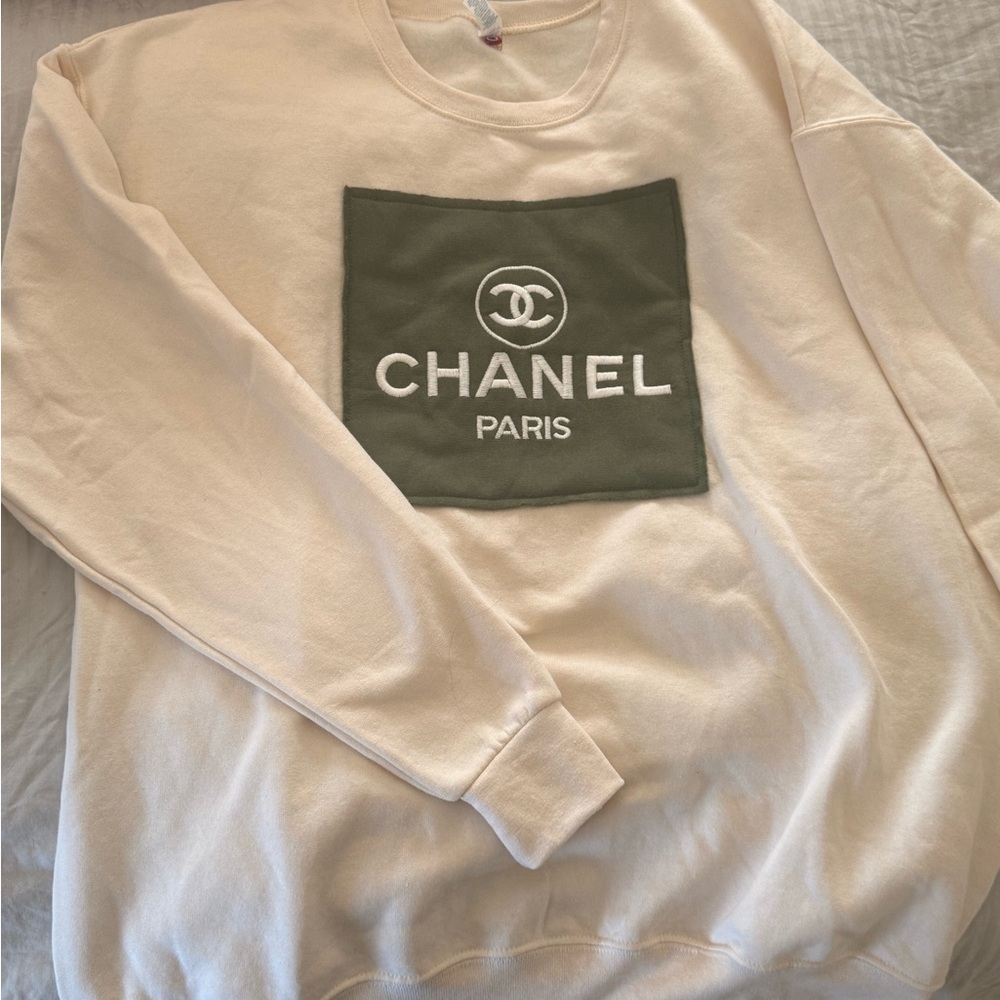 Chanel Cream Sweatshirt with Green Logo
